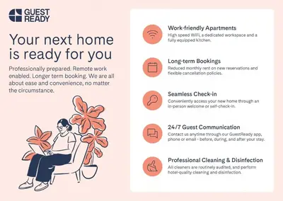 a brochure of a woman sitting in a chair with a plant at GuestReady - Bright 1BR with Balcony & Marina View in Dubai