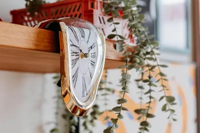 a clock hanging on a shelf with a plant at Coolest 1 BR in Dubai Hills close to the Park in Dubai