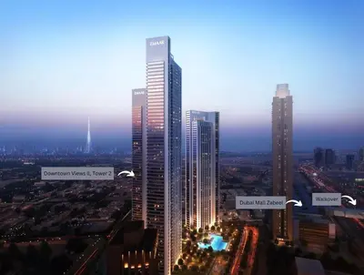 a city skyline with tall skyscrapers at night at 2BR Apt next to DubaiMall, pool view of Burj Khalifa - Downtown Views ll in Dubai
