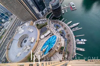 an overhead view of a marina with boats in the water at LUX The JW Marina Studio in Dubai