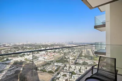 a balcony with a view of a city at Silkhaus Heart of Downtown High Floor with View in Dubai