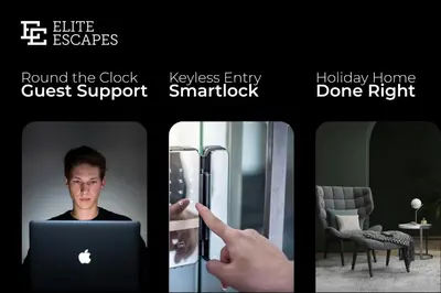 a collage of pictures of a man using a laptop at Elite Escape Holiday Home - 2 BHK Getaway with Dubai Mall Access - 1503 in Dubai