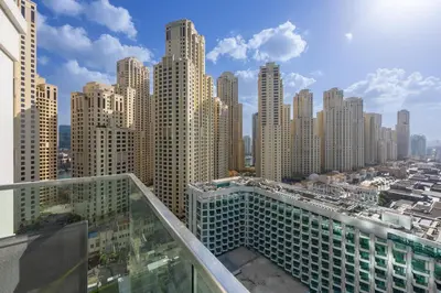 a view of a large city with tall buildings at La Vie, JBR - Cosy Two Bedroom in Dubai