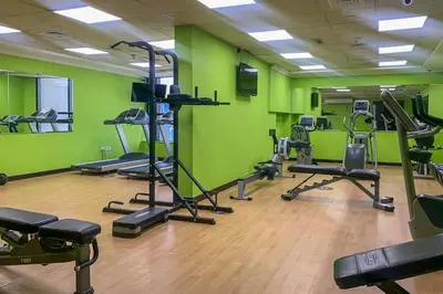 a gym with green walls and treadmills and machines at Frank Porter - Al Waleed Paradise in Dubai