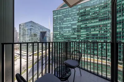 a balcony with a view of a city at Ahad Residences Studio- 15mins walk to Dubai Mall in Dubai