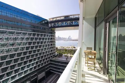 a balcony with a view of a building at Modern 1 bedroom at Palm Jumeirah in Dubai