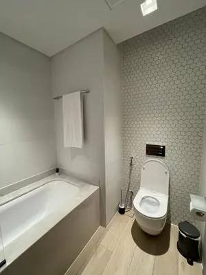 a bathroom with a bath tub and a toilet at Palace Dubai Creek Harbour Residences Skyline Apartment in Dubai