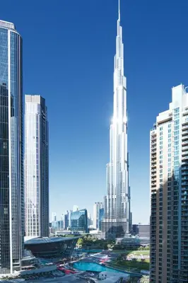 a view of a city skyline with the tallest building at Amazing 2BR Burj Kalifa View in Dubai