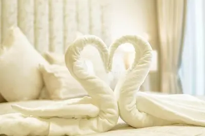 two white swans sitting on top of a bed at Elegant Studio at Aykon City Tower - C in Dubai