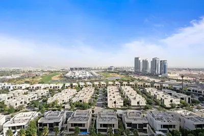 an aerial view of a city with apartment complexes at Comfortable Studio in Damac Hills in Dubai