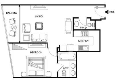a black and white floor plan of a house at Fabulous 1BR apartment in Address Beach Resort in Dubai
