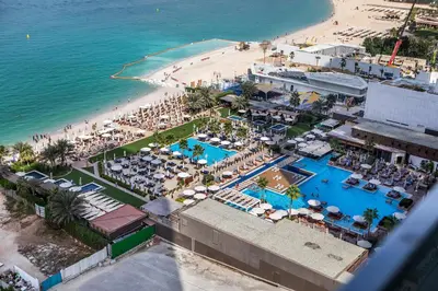 an aerial view of a resort and a beach at Stylish sea view from new 2BD La Vie in Dubai