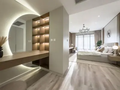 a large bedroom with a bed and a large window at Charming Ocean View 1BR Apartment at 5 Star Resort in Dubai