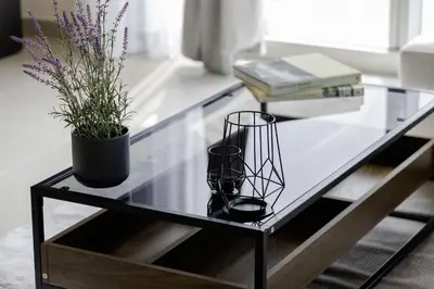 a glass coffee table with a potted plant and books at Sleeps 8 Private Cinema World Island Views in Dubai