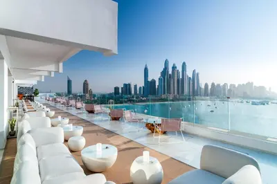 a view of a city skyline from a building at FIVE Palm Luxury 1BR Apartment with Stunning Views in Dubai