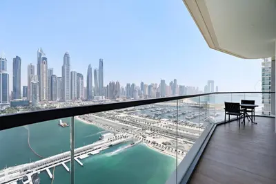 a balcony with a view of a city at Silkhaus Skyline View | Exclusive Neighbourhood in Dubai