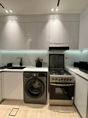 a kitchen with a stove and a washing machine at Cozy Elegant 1br Balcony, Pool Access, Parking in Dubai