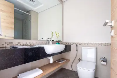 a bathroom with a sink and a toilet at Frank Porter - Eleganz 5 in Dubai