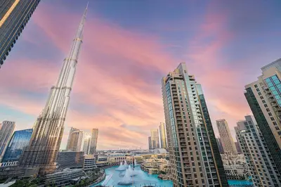 a view of a city with the worlds tallest building at Stunning Burj & Fountain Views Luxury 2 BR in Dubai