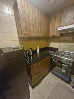 a small kitchen with a stove and a refrigerator at Dubai Downtown Dubai Mall & Burj Khalifa DIFC 5 mins in Dubai