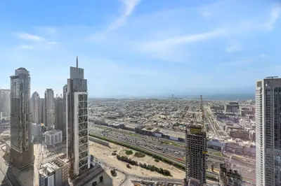 an aerial view of a city with tall buildings at Panoramic Sea View 2BR in Forte Downtown - Allsopp&Allsopp in Dubai