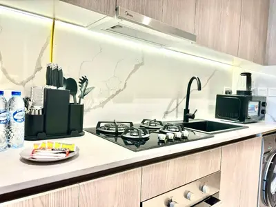 a kitchen with a stove and a sink at ASHRI HH, STANDARD STUDIO IN STUDIO CITY in Dubai