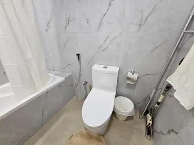 a bathroom with a white toilet and a bath tub at Golden Hour Marina View in Dubai