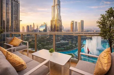 a balcony with a view of a city at Elite Royal Apartment - Sky Series - Breathtaking View - Full Burj Khalifa & Fountain in Dubai