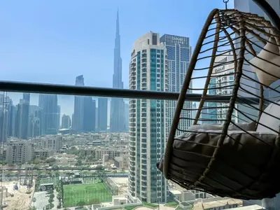 a bag hanging from the top of a building at High Floor Burj Khalifa View 1BR - Business Bay in Dubai