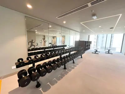 a gym with rows of dumbbells on the wall at Elegant 1 Bedroom in Creek Edge in Dubai