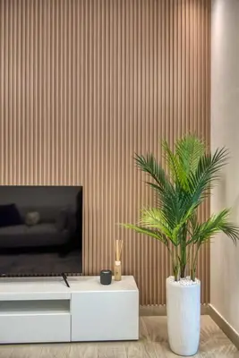 a living room with a tv and a plant at Elegant studio in Me Do Re Tower in Dubai