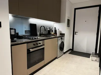 a kitchen with a stove and a sink and a dishwasher at Cosy Studio on the Binghatti Canal in Dubai