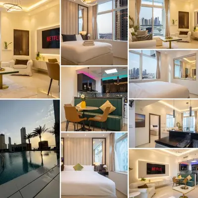 a collage of photos of a hotel room at Vacation Friendly Beach View Luxury 1Bedroom- Walk To Beach & Mall in Dubai