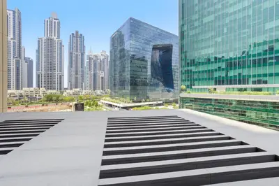a view of a city skyline with tall buildings at 5 min to Metro - New 1 Bed in Business Bay in Dubai