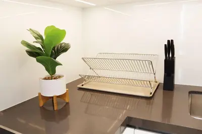 a plant sitting on top of a kitchen counter at Stellar Dreams 1BR - District 1 in Dubai