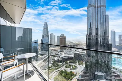 a view of a city from a high rise building at Deluxe 3BR Home in Address Opera with Full Burj View in Dubai