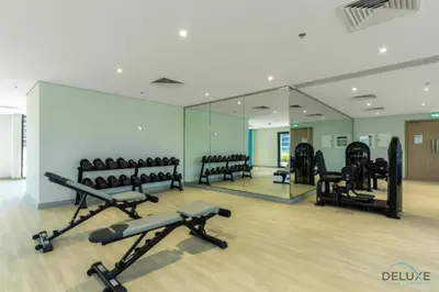 a gym with rows of exercise equipment and a mirror at Comfortable Studio in Azizi Riviera 24, Al Merkadh by Deluxe Holiday Homes in Dubai