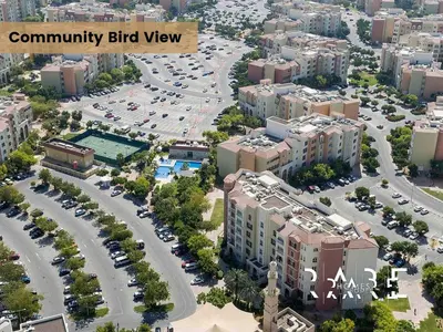 an aerial view of a city with buildings and cars at Rare Holiday Homes - Mediterranean Cluster - Near Ibn Battuta Mall - Discovery Garden - Building# Med 49 - R505 in Dubai
