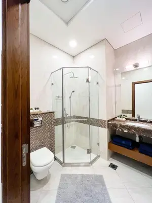 a bathroom with a shower and a toilet and a sink at Beautiful studio apartment in Dubai