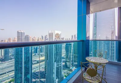 a balcony with a view of a city skyline at MBL Residence 2 BDR, JLT in Dubai