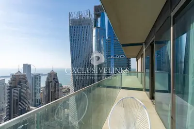a balcony of a building with a view of the city at Stunning 1Bed High Floor Marina View in Dubai