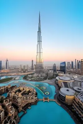 an aerial view of the city of dubai at 5 Minute Walk to The Fountains! Full Burj Khalifa View! 5-star Pool & Gym! in Dubai