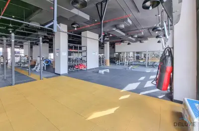 an empty gym with a car parked in the middle at Stylish 1BR Apartment in Damac Hills 2 Avencia 45, Dubailand by Deluxe Holiday Homes in Dubai