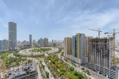 arial view of a city with tall buildings at Stylish Studio with Gym & Pool Access in Dubai