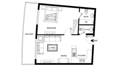 a floor plan of a small house at LUX The Bays Edge Canal View Suite in Dubai