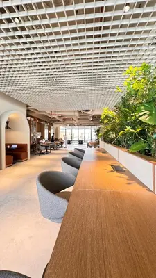 an office with a long row of chairs and plants at Stylish apartment in the center!10 minutes to Dubai mall and World Trade Center in Dubai
