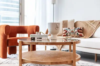 a living room with a coffee table and a couch at ShoresInn - Outdoor Retreat with Private Terrace in Dubai