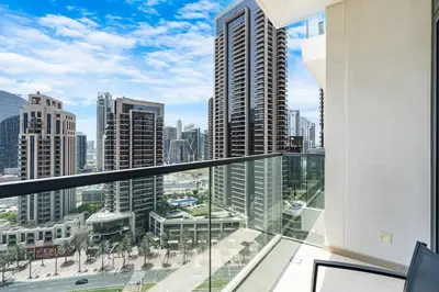 an apartment balcony with a view of the city at Premium Home Minutes away from Burj Khalifa in Dubai