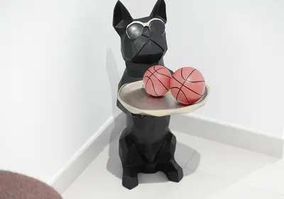 a black cat holding two basketballs on a plate at Stylish Flat in Downtown Dubai with PS5 Gym and Pool in Dubai