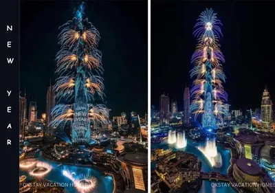a christmas tree in dubai is lit up at night at 5 Min Walk to Burj Khalifa 2BHK Luxury Downtown Burj Haven in Dubai